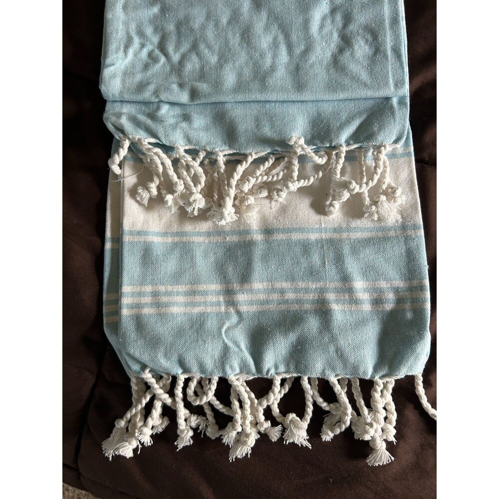 NWT Lane Linen light blue/white large towel throw blanket 100% cotton